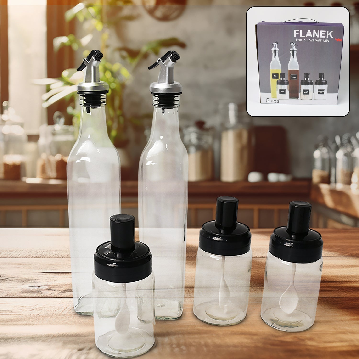 Transparent Glass Oil Dispenser 500 ML Bottle Set of 2, Spice Jar 250 ML Set of 3, Oil Bottle for Kitchen, Oil & Vinegar Storage Glass Bottle, Glass Container for Spice, Masala (5 Pcs Set) Transparent Glass Oil Dispenser 500 ML Bottle Set of 2, Spice Jar 250 ML Set of 3, Oil Bottle for Kitchen, Oil & Vinegar Storage Glass Bottle, Glass Container for Spice, Masala (5 Pcs Set)